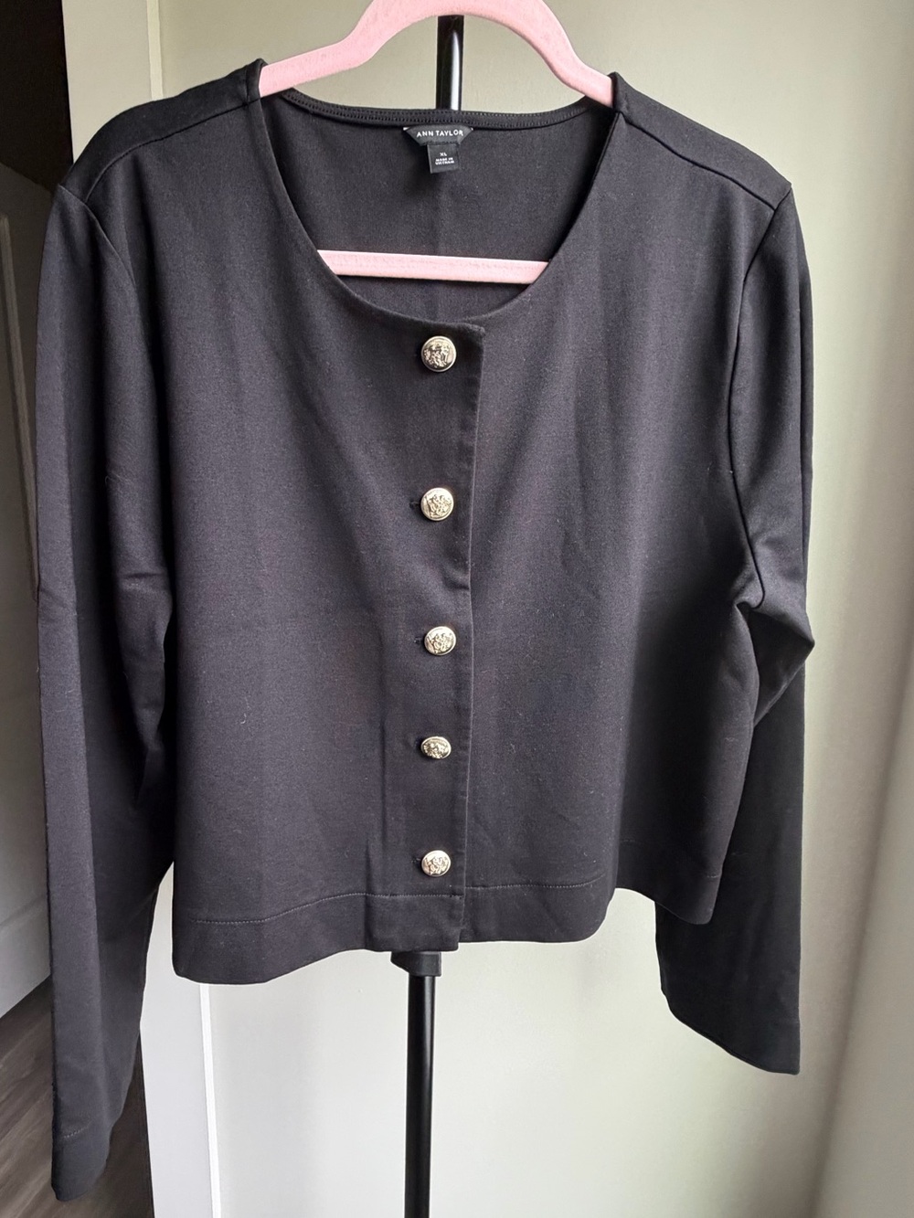 Ann Taylor Collarless Black Button-Front Long Sleeve Jacket